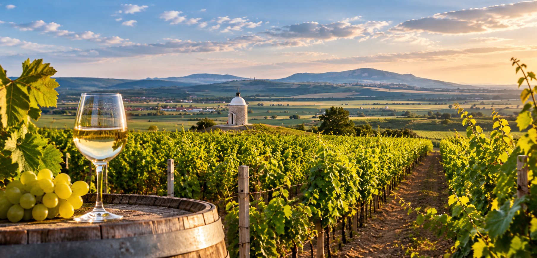 Sklenka vína na sudu mezi vinicemi se zapadajícím sluncem a kapličkou v dálce